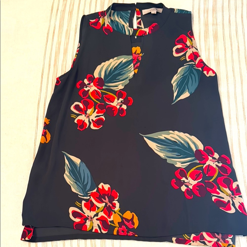 LOFT Floral Sleeveless Blouse - Deep hunter green with red purple and orange